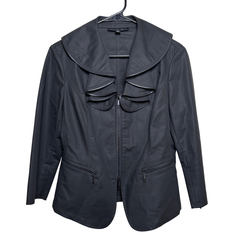 Lafayette 148 New York Black Zipper Ruffle Collar Moto Blazer Jacket Womens 4‎